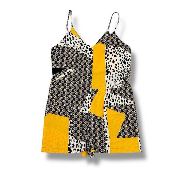 Topshop Patchwork Floral Animal Print Crepe Romper Yellow Black 6 - Picture 14 of 14